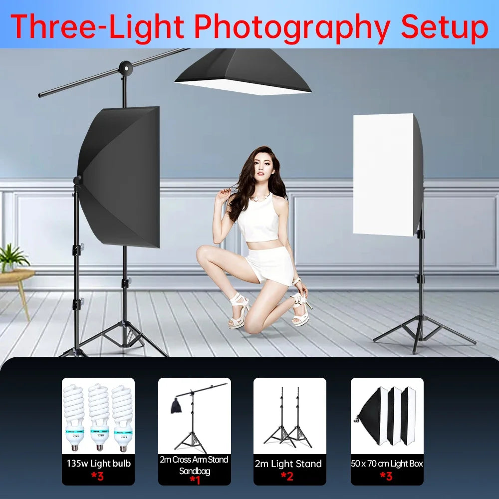 Three-light photography setup with three softboxes and stands