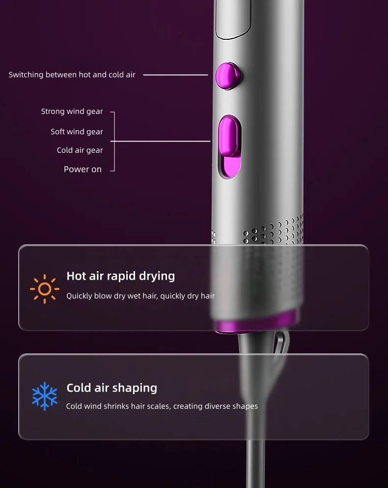 Silver 2400W foldable hair dryer with purple buttons, multi-speed settings, and hot/cold air modes for fast styling.
