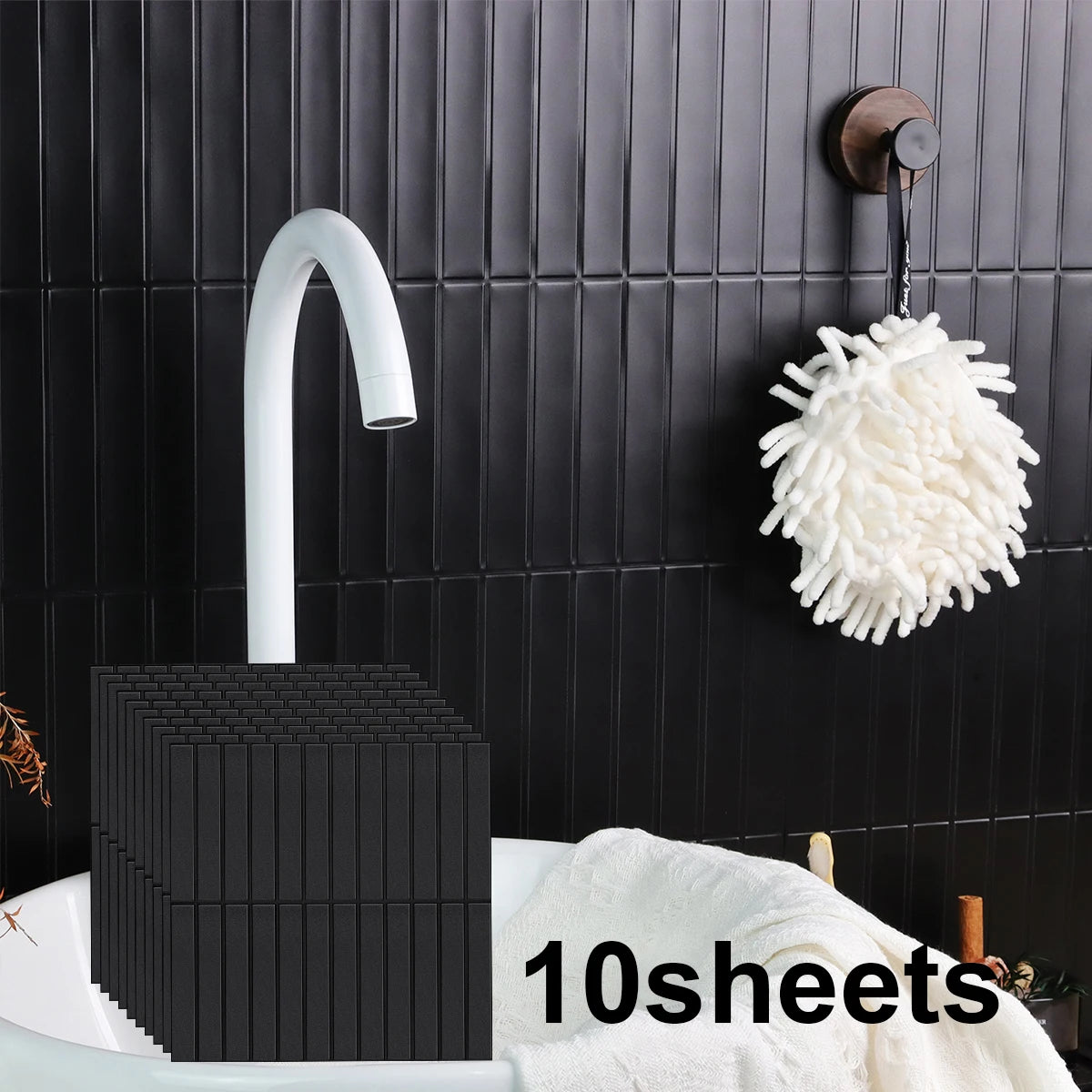 3D peel-and-stick mosaic backsplash tiles, dark wall and black tile sample box by sink