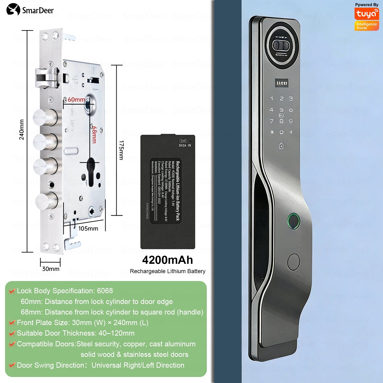 3D Facial Recognition Smart Door Lock with Video Doorbell Camera, Tuya WiFi Fingerprint Password Keyless Security Lock