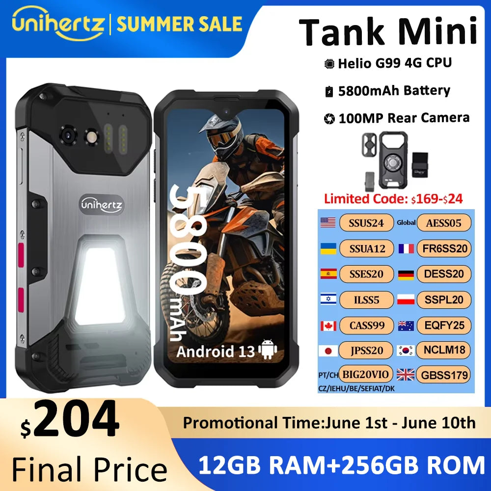 Unihertz 8849 Tank Mini Rugged Smartphone 4.3 Inch Display Android 13 5800mAh 24GB 256GB Helio G99 Octa Core 100MP Cameras IP68