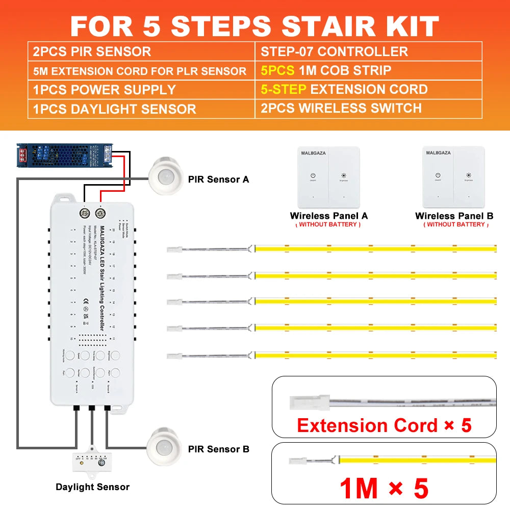 LED stair light kit with PIR motion sensors, COB strip, extension cord for 5 steps