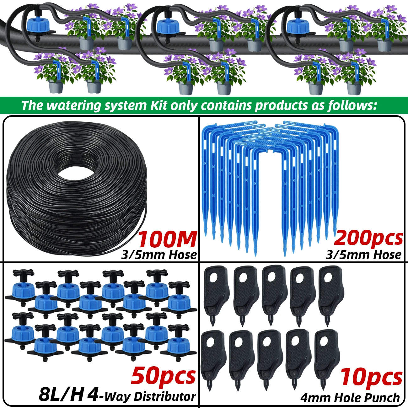 Watering system kit contents: 100m hose, 8L 4-way distributor, 200 blue drippers