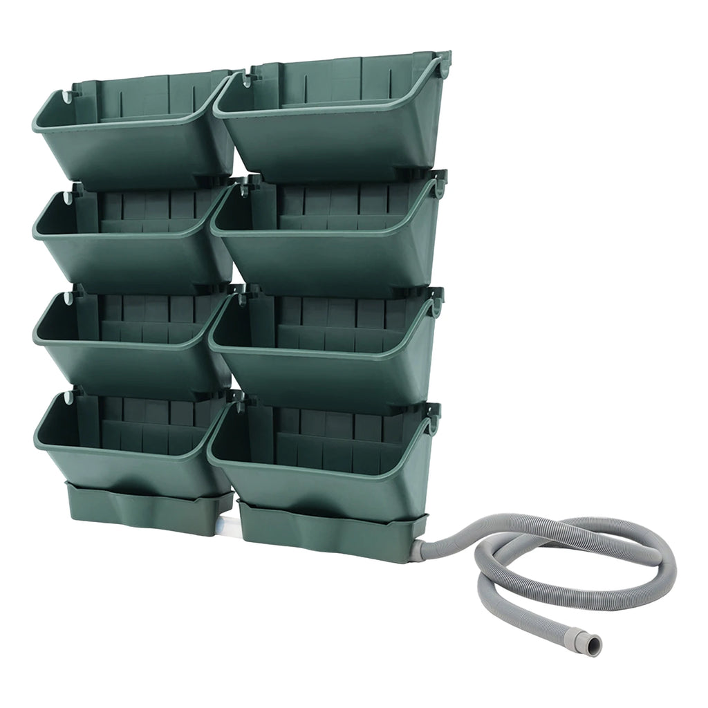 Dark green wall-mounted vertical planter pockets with connecting hose for irrigation