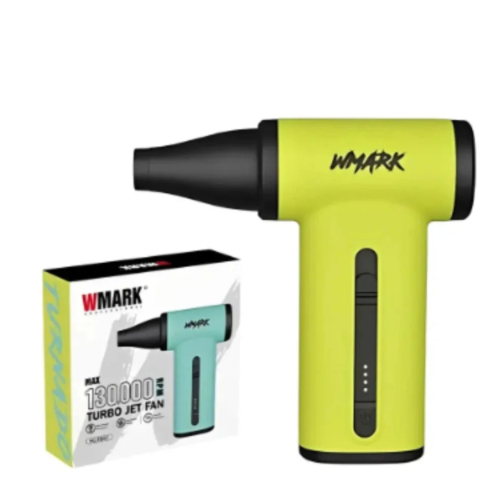 WMARK lime green 130k RPM cordless turbo jet hair dryer blower with black nozzle and sleek travel-ready design.