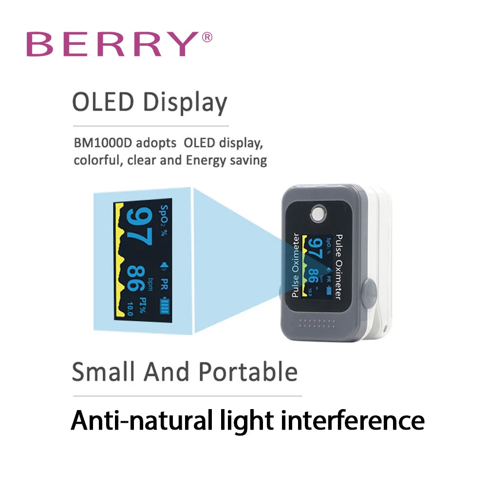 BERRY OLED Finger Oximeter Blood Oxygen Pediatric Oximeters Fingertip Portable Oximeters Saturation Meter Heart Rate Monitor