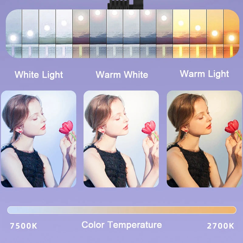 LED light showing three color temperatures: white, warm white, and warm light for portrait photography.