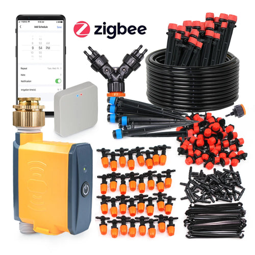 20m Zigbee irrigation timer kit with control hub, hose, and multiple sprinkler nozzles