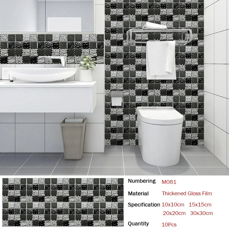 10pcs Flat Mosaic Style Tiles Sticker Kitchen Bathroom Waterproof & Oilproof Art Wall Sticker Peel & Stick Surface Glossy Film