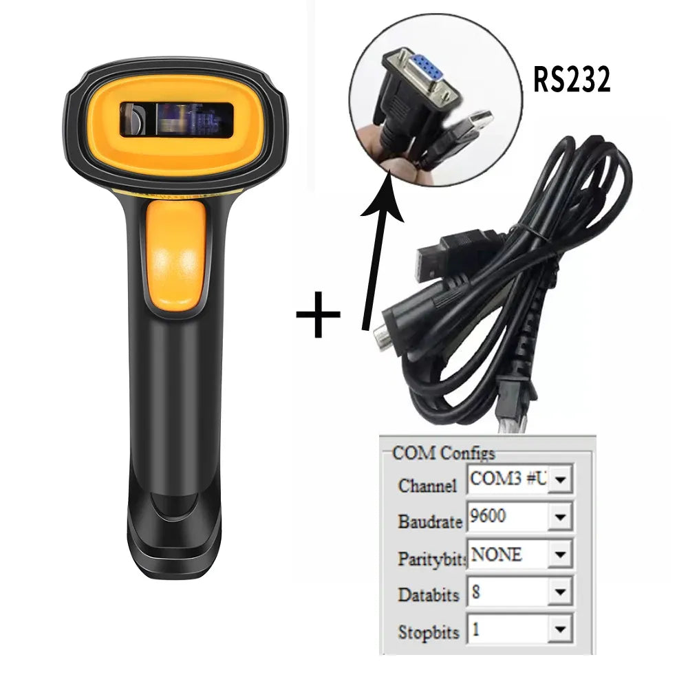 Handheld wired scanner showing RS232 connector cable and COM Config settings