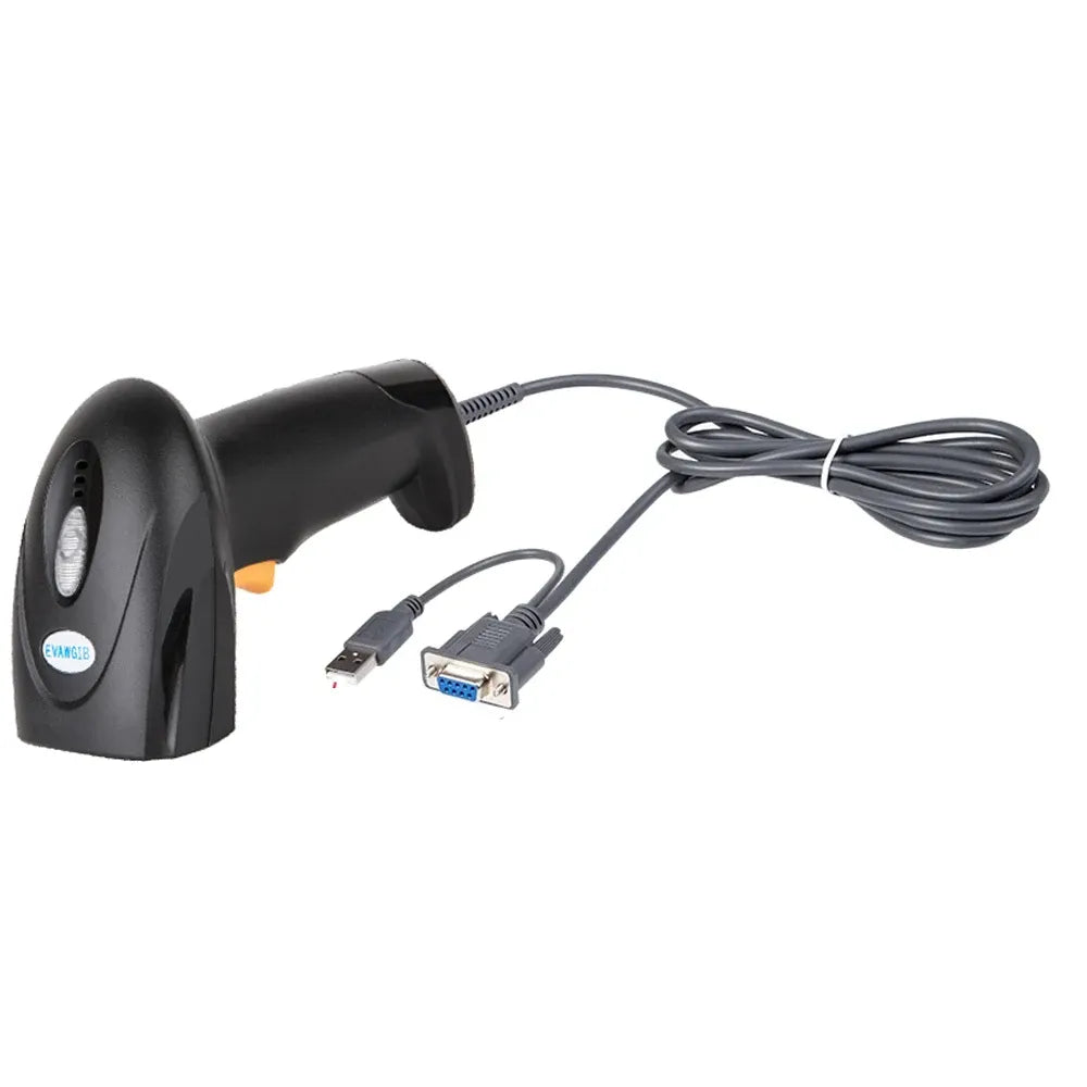 Handheld barcode scanner with USB plug, RS232 connector, and attached cable bundle