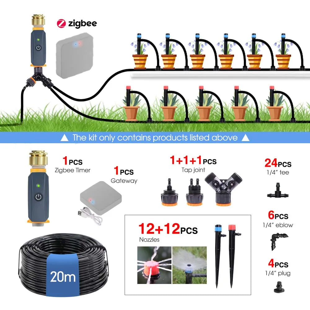 Irrigation starter kit set showing Zigbee timer, gateway, 20m hose, and nozzle attachments