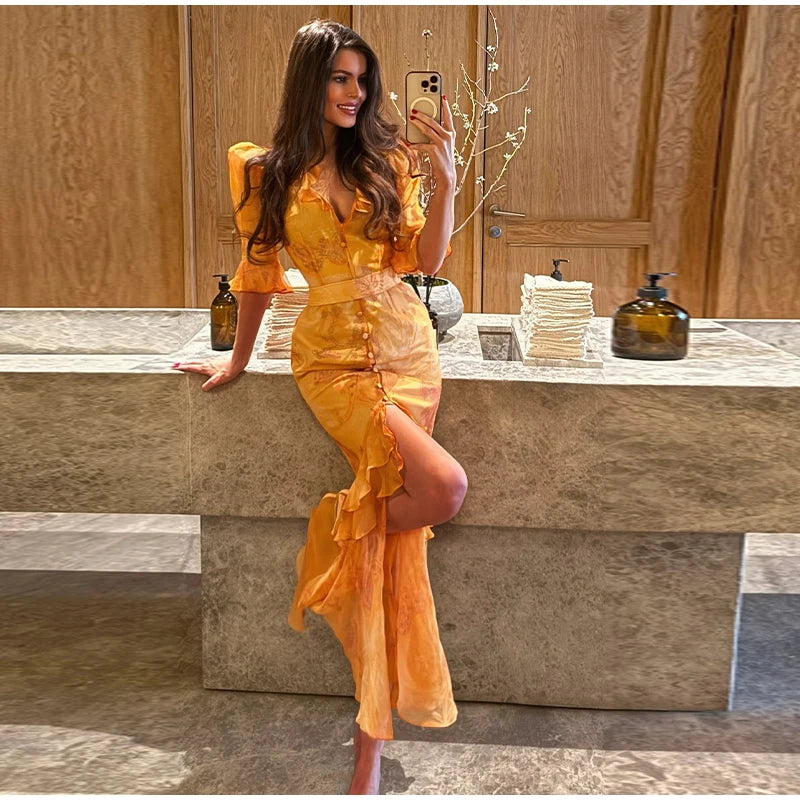 Printed Lace Patchwork Maxi Dress Women V-Neck Half Sleeve Single Breasted Lace Up Long Dresses 2026 Summer All-match Lady Robes