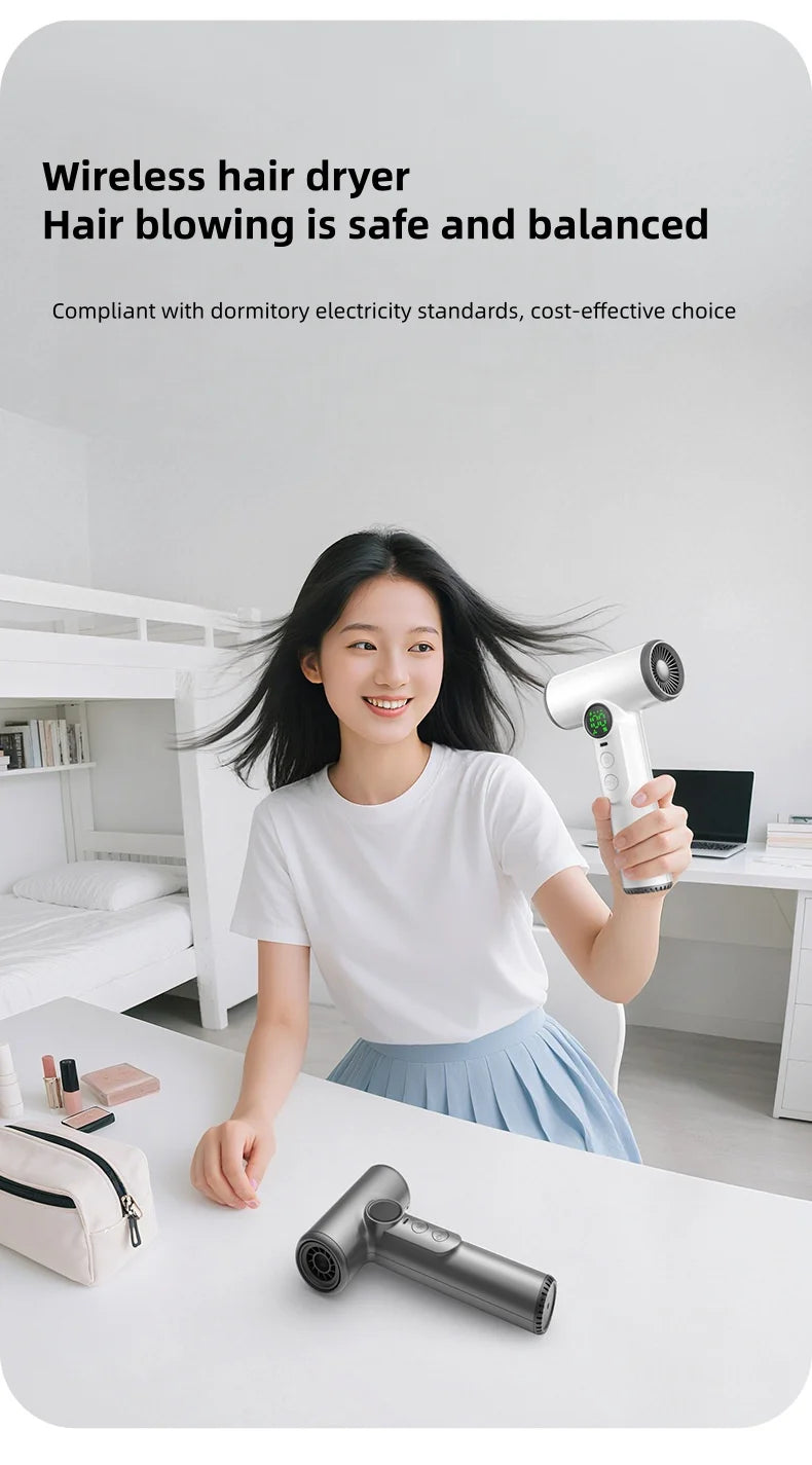 Portable wireless hair dryer in white and grey, high-speed, battery-powered for travel, dorm, and home hair styling.