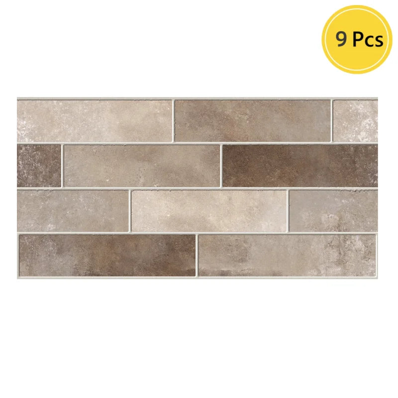 Self-adhesive backsplash tile sticker sheet, beige and brown brick pattern (9 pcs)