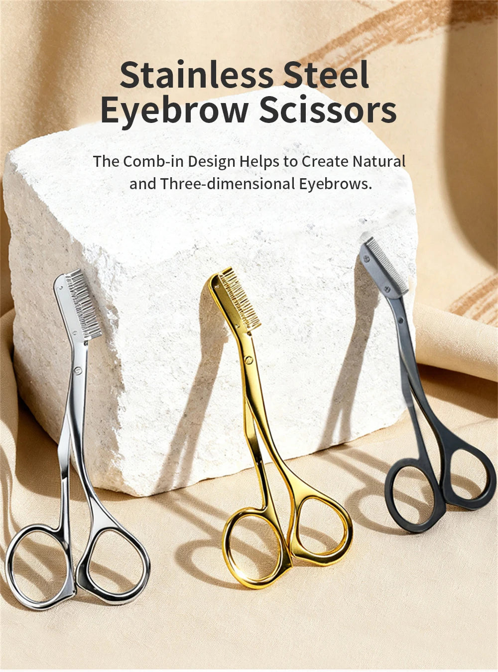 Silver, gold, and black stainless steel eyebrow scissors with integrated combs for professional brow grooming tools.