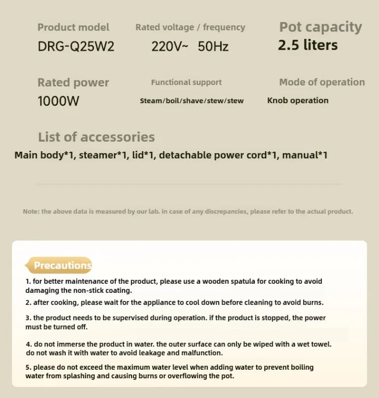 Electric multi cooker with lid and knob, 2.5L capacity shown in product specs