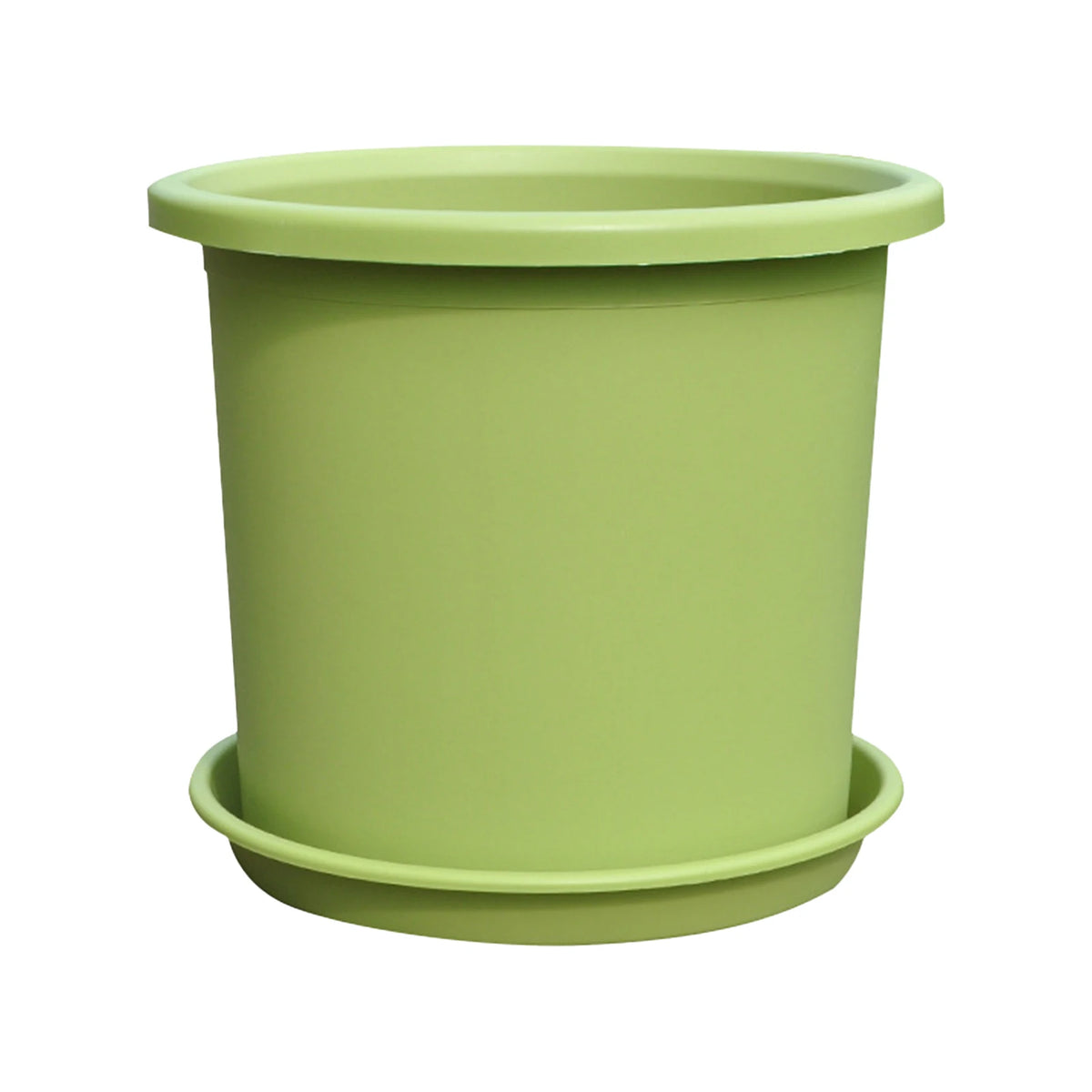 Large plastic water-absorbing flowerpot with matching saucer, light green