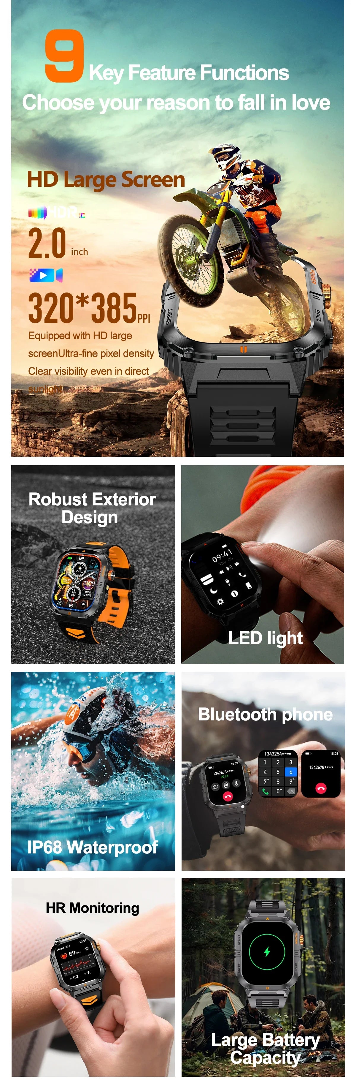 Hot Sell Gifts 2026 New Military SmartWatch Men Outdoor Sports IP68 Waterproof  LED Bluetooth Call Health Monitoring Men Women