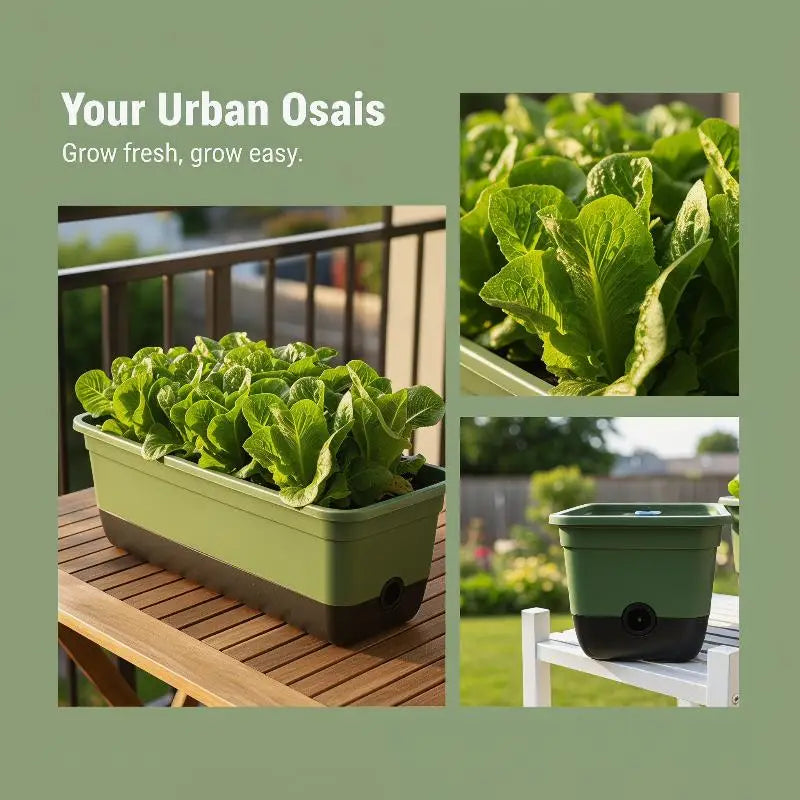 Green rectangular planter box holding leafy greens on an outdoor railing