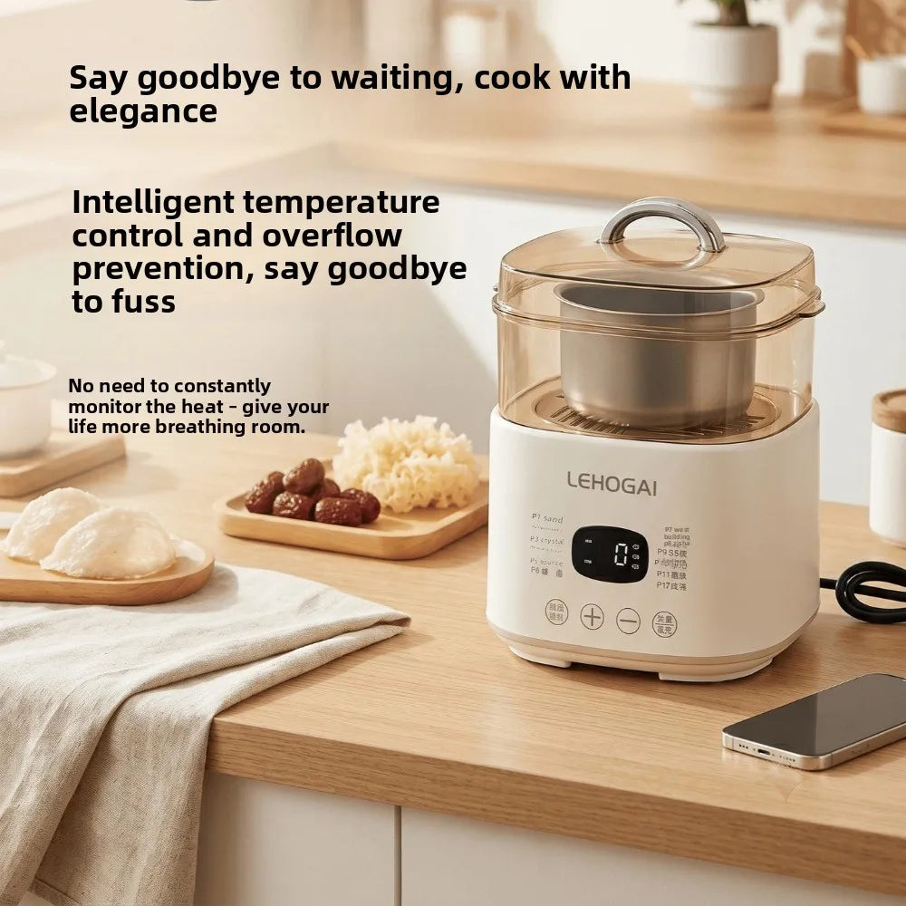 White electric steaming cooker with clear lid on kitchen counter, compact design