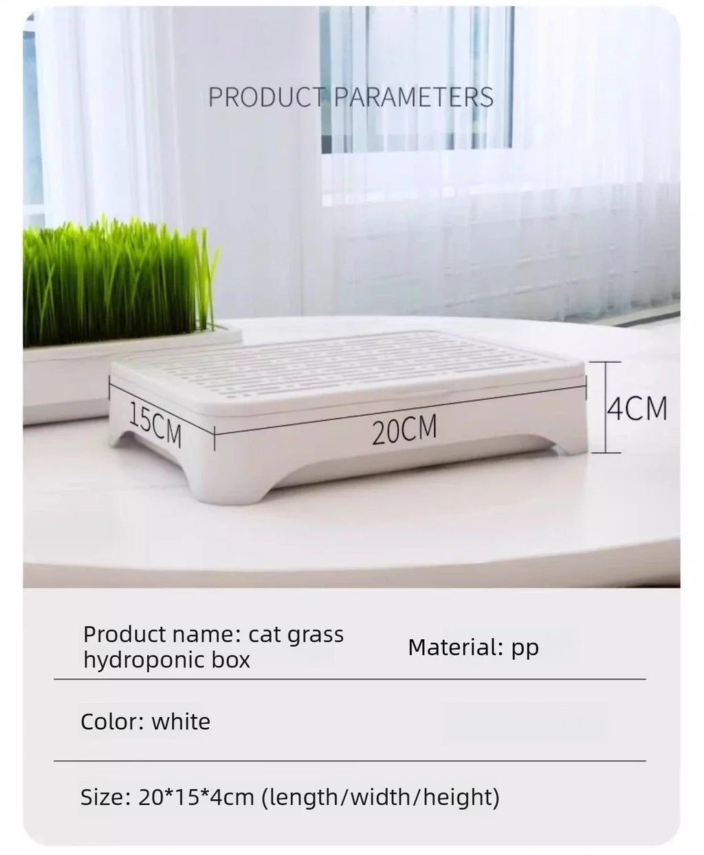 White cat grass hydroponic box with labeled dimensions and materials