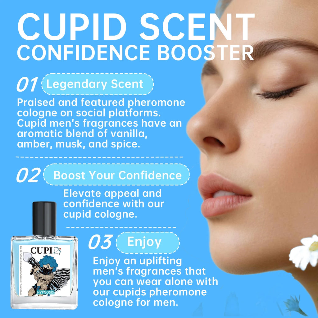 Cupid Hypnosis 2.0 pheromone cologne for men: 50ml EDP in square bottle, vanilla, amber, musk, and spice scent notes.