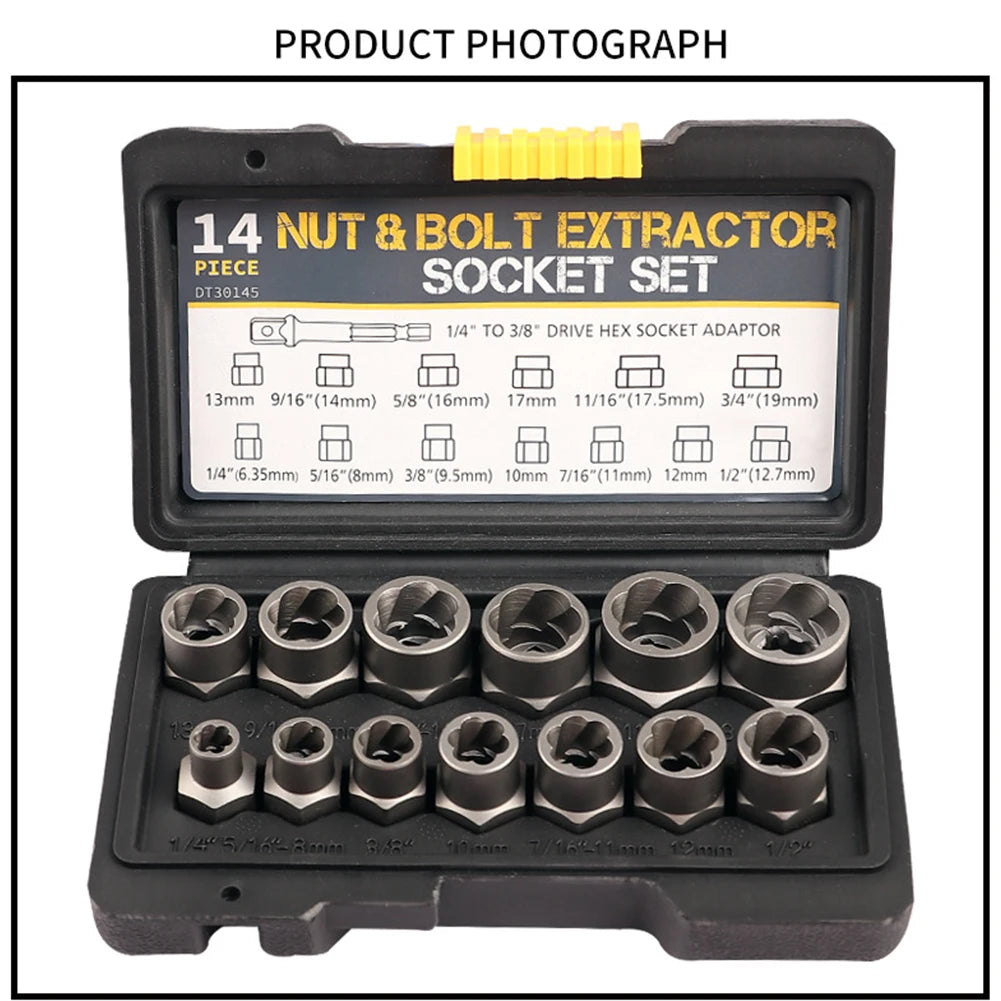 14 Pieces Impact Bolt & Nut Remover Set Cr-Mo Steel Bolt Extractor Tool Set with Solid Storage Case for Industrial Drop Shipping