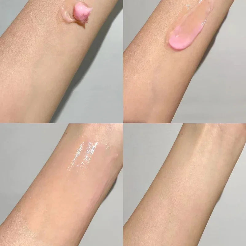 Four-part collage showing a dollop of light pink capsule cream being applied and blended into skin until absorbed.