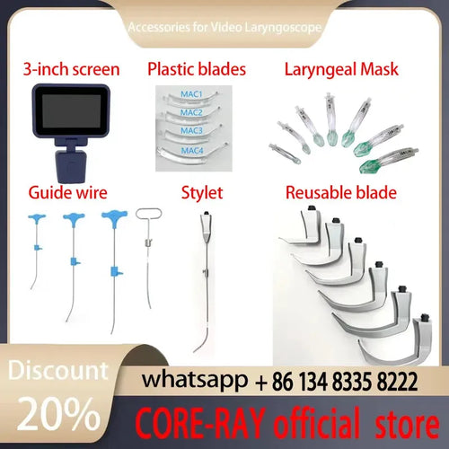 Video laryngoscope accessories including laryngeal masks, blades, stylets, and guides for sleep apnea airway management.