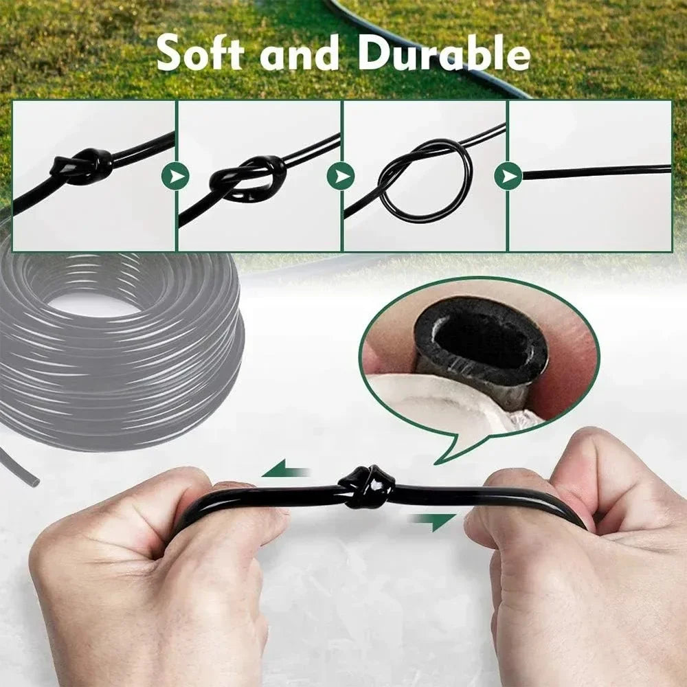 Black drip irrigation tubing with connector pieces and green fitting held for installation