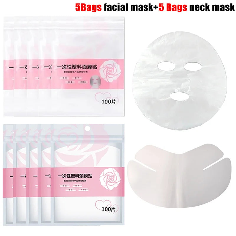 Five bags of transparent plastic face masks and five bags of neck masks with pink, rose-branded packaging.