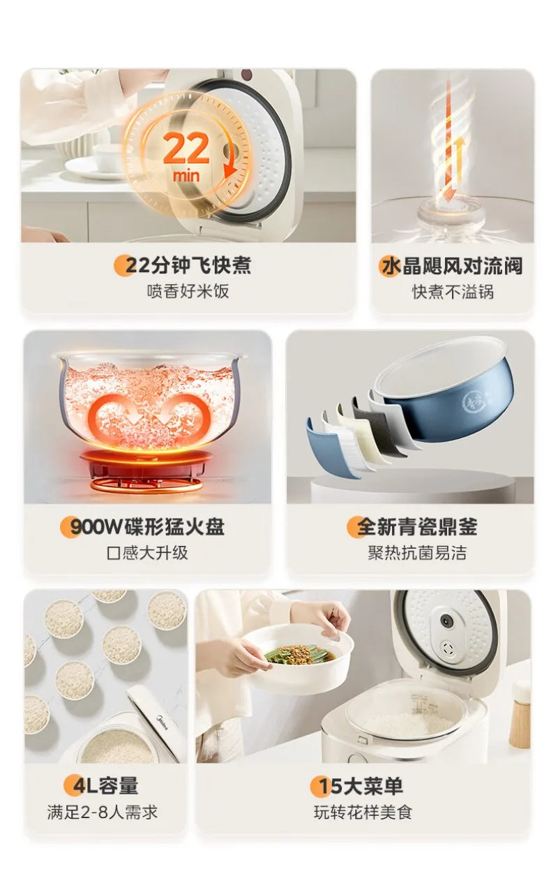 White rice cooker collage showing open pot, heating, and water sealing parts
