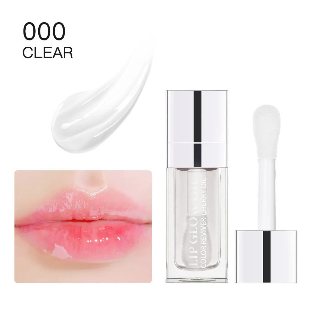 Clear crystal jelly lip oil with high-shine, moisturizing formula for plump, glossy lips. 10-color lip makeup series.