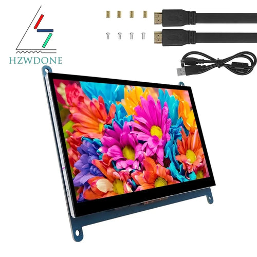 7-inch IPS touchscreen monitor displaying colorful flowers, with HDMI cables, USB cable, and mounting hardware included.