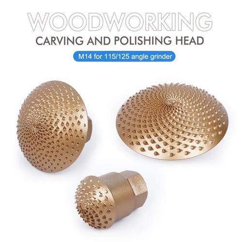 Arched wood grinding head with brown diamond-pattern polishing disc