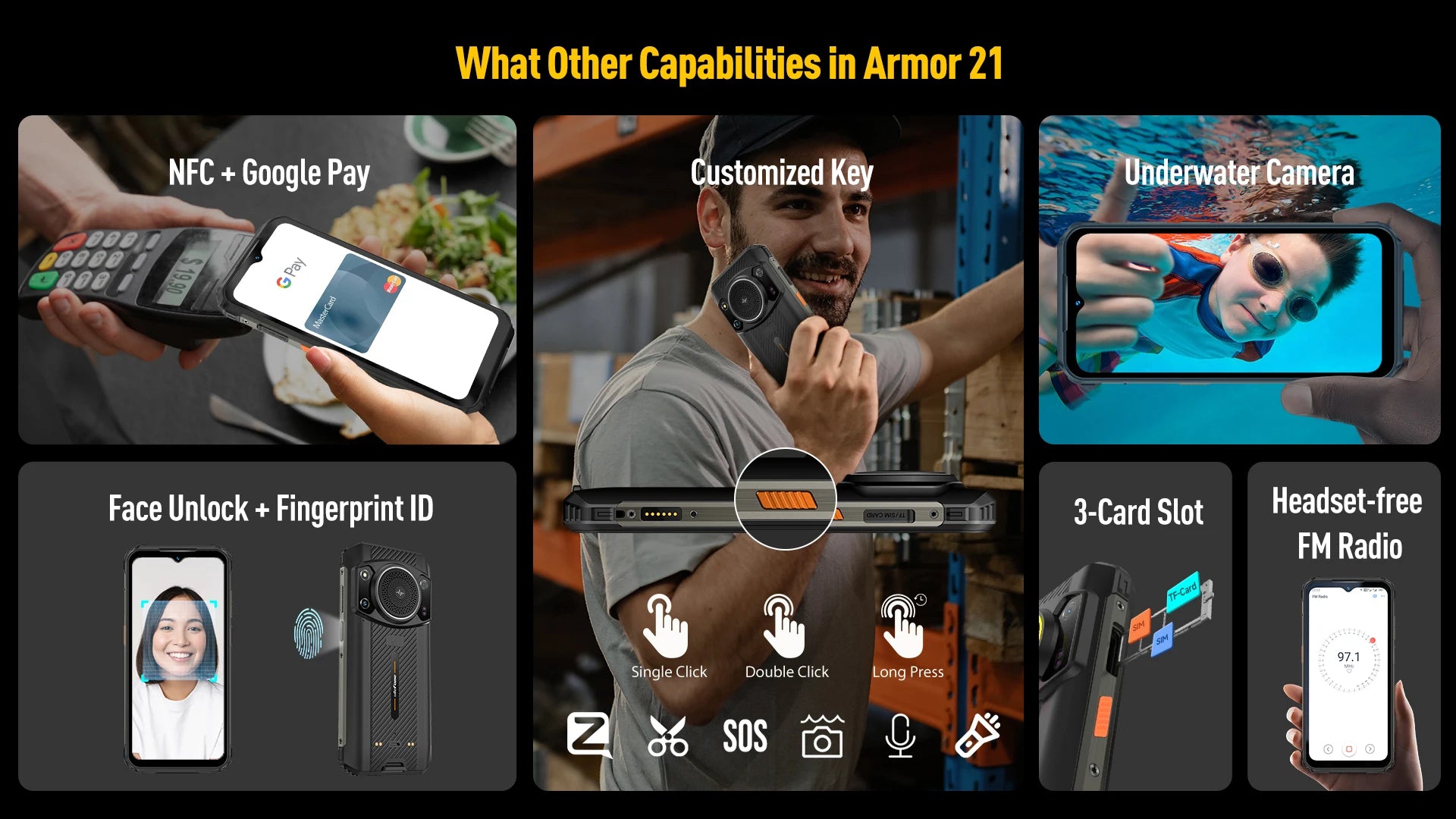 Ulefone Armor 21 16GB RAM 256GB ROM ，Android15  Helio G99 6nm, 64MP Camera,24MP Night Vision Camera ,9600mAh.6.58"120Hz.NFC