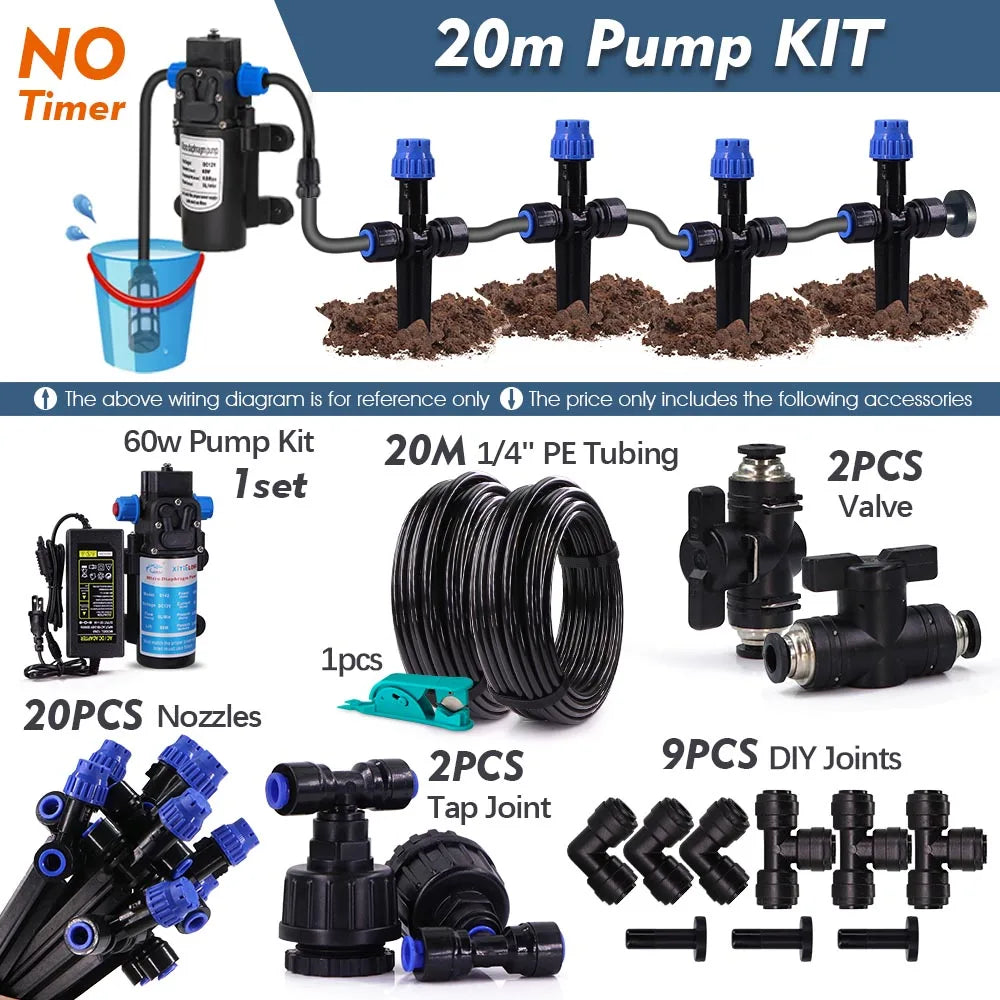 1/4" 60w Self-priming Pump Timed Kit w/ 4/6mm Adjustable Sprinkler Dripper Lawn Plant Pot Garden Irrigation Auto Watering System