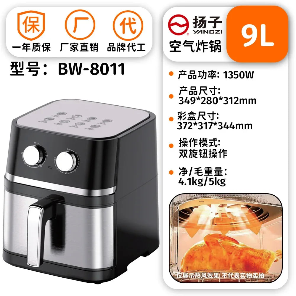 Black 9L air fryer with dual knobs and flat top control panel
