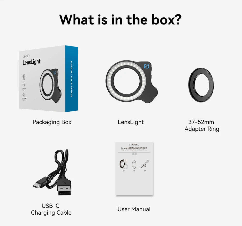 Box contents: round black LED ring light, 37-52mm adapter ring, USB-C charging cable, and a printed user manual.