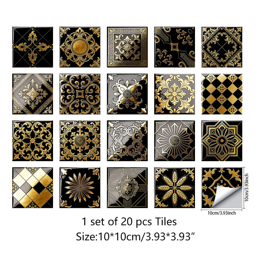 20pcs Classic Black Gold Ornate Baroque Style Tile Transfers Waterproof Stickers for Home Renovation