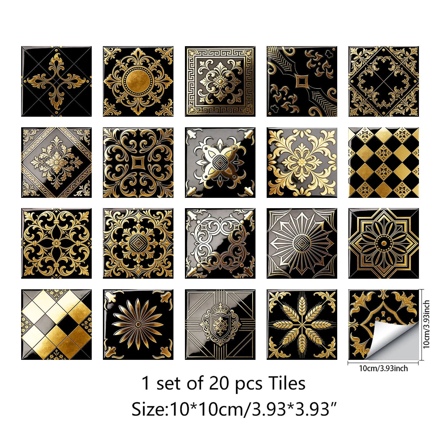 20pcs Classic Black Gold Ornate Baroque Style Tile Transfers Waterproof Stickers for Home Renovation