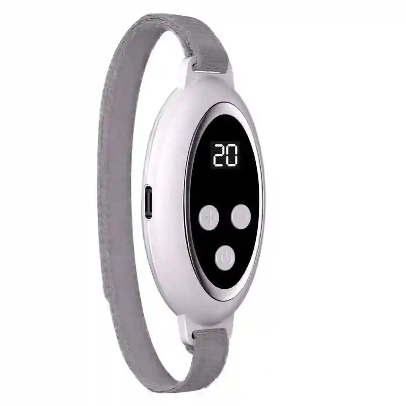 White microcurrent sleep aid device with digital display, buttons, and grey wrist strap for anxiety relief.