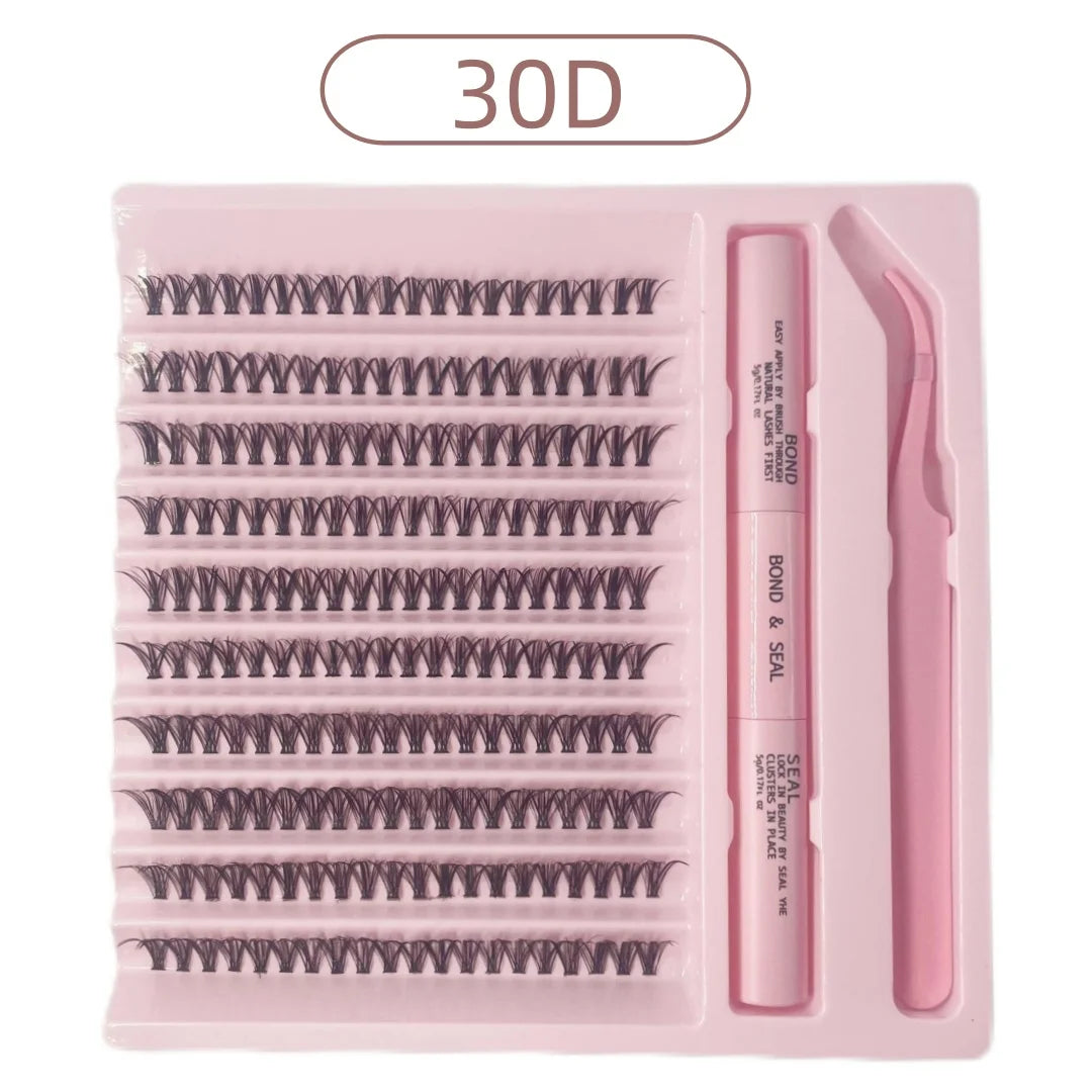DIY lash kit with 30D cluster lashes, bond and seal duo glue, and pink tweezers in a plastic tray.