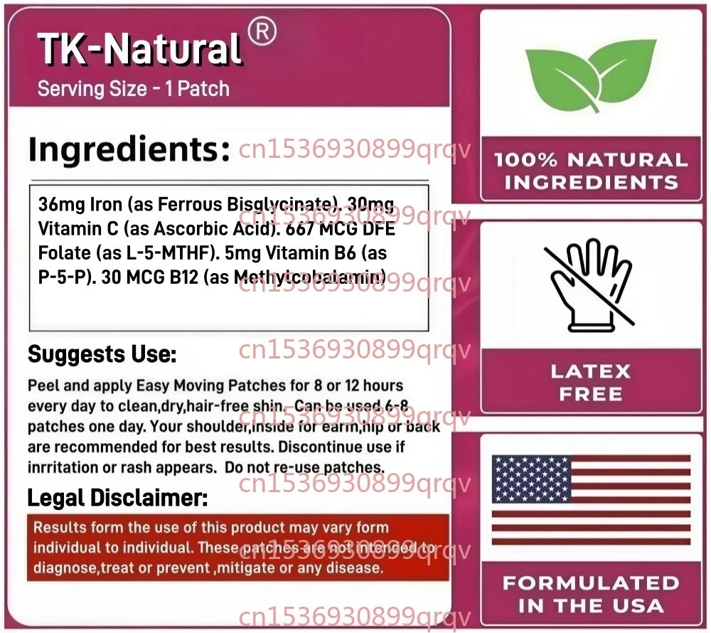 30 Patches Iron Transdermal Patches for Women & Men with Vitamin C, B6, B12, Folate for Blood Health & Energy Boost