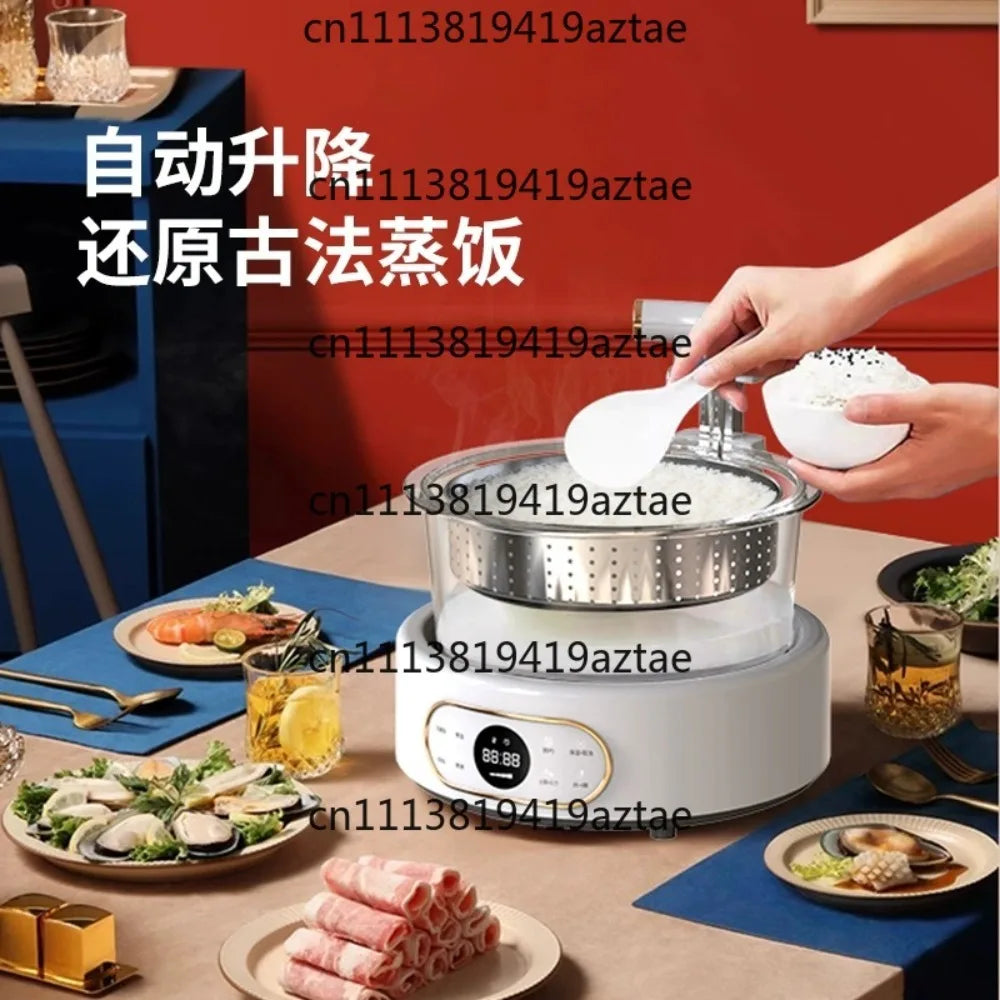 White multi cooker steaming pot with stainless insert and clear lid, countertop use