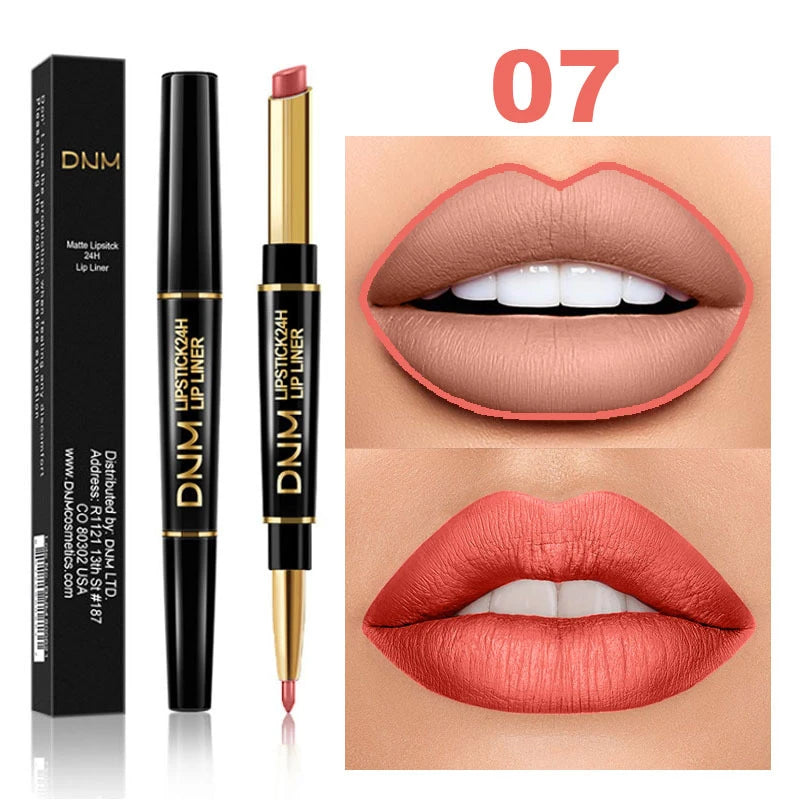 DNM 2-in-1 waterproof matte lipstick and lip liner pencil in nude shade with a velvet, long-lasting finish.