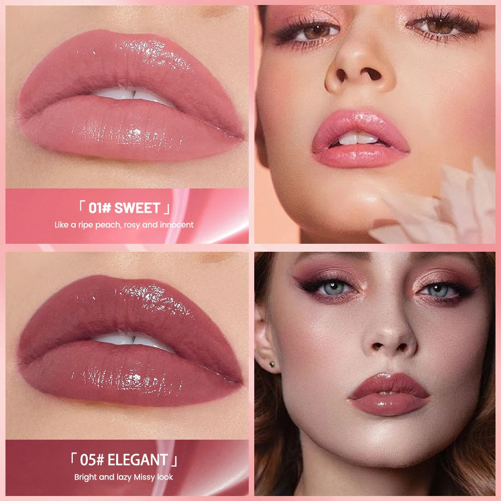 QIBEST glossy lip glaze in pink and mauve shades with a high-shine, moisturizing, long-lasting finish on lips.