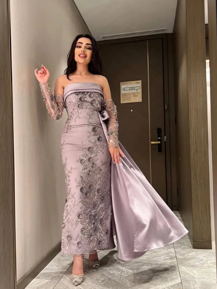 Customized High quality Classic Exquisite Retro Jersey Applique Straight Strapless Long Dresses Prom Dresses Matching