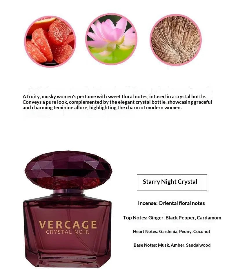 Dark purple Vercage Crystal Noir perfume in a faceted luxury glass bottle with floral and citrus ingredient imagery.